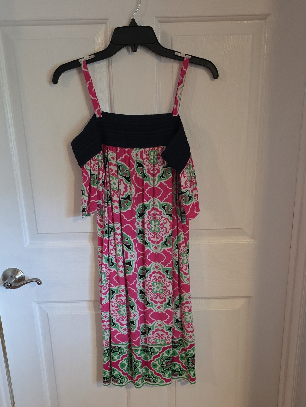 crown & ivy Pink Floral Off-Shoulder Sundress with Navy Smocked Top